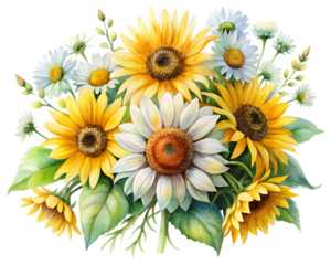 Watercolor Bouquet of Sunflowers and Daisies on Transparent Background