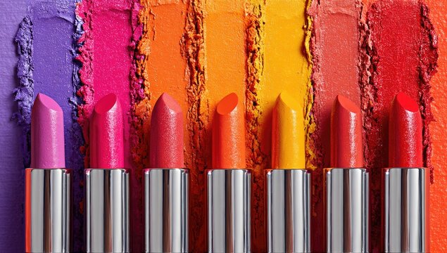 Row of colorful lipsticks on a spectrum of smeared eyeshadow - Powered by Adobe