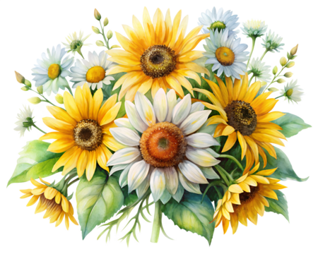 Watercolor Bouquet of Sunflowers and Daisies on Transparent Background