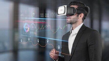 A businessman wears a virtual reality headset while interacting with a transparent touchscreen displaying various data visuals and insights in a sleek office environment. Raster - Powered by Adobe