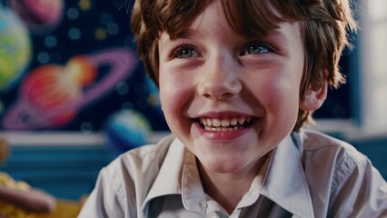 A young boy with a bright smile, wearing a white shirt, sits in a classroom with a colorful space-themed background. His joyful expression suggests he is excited or inspired by the topic being