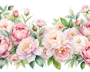 Obraz premium Watercolor Pink Peonies Floral Border Arrangement on Transparent Background