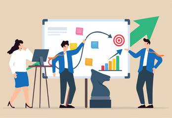 Vector illustration of team developing sales strategy with sticky notes on whiteboard revenue growth