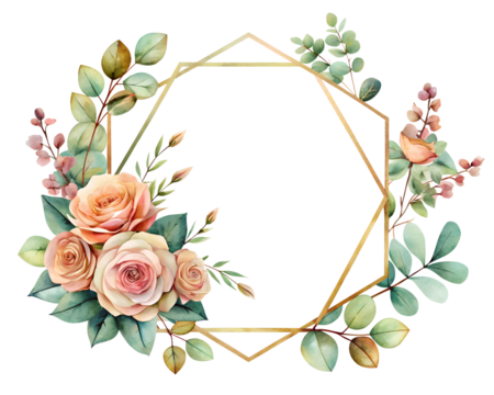 Watercolor Floral Frame with Peach Roses and Gold Geometric Border on transparent background