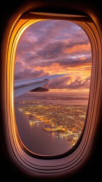 Fototapeta A breathtaking aerial view of a city at twilight, seen through an airplane window, showcasing vibrant sunset colors and illuminated cityscape.