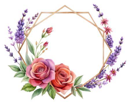 Watercolor Floral Frame with Roses and Lavender on transparent background - Powered by Adobe