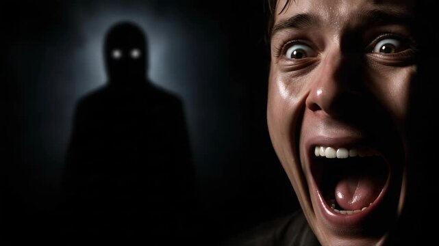 Close-up of a terrified man screaming in terror as an ominous shadow moves in the background. A shocked man screams in terror as a monster's shadow moves across the wall behind him.