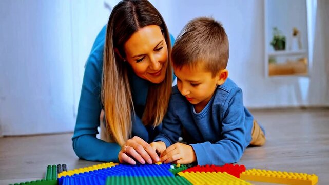 Mother and son playing together with colorful construction toy bricks on the floor at home. Concept of child development learning through play and family bonding for creativity and education.