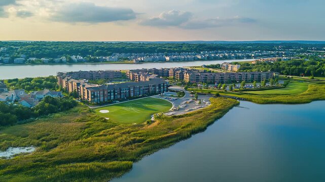 Aerial cityscape shows modern buildings beside a calm lake and wide grassland in warm daylight
