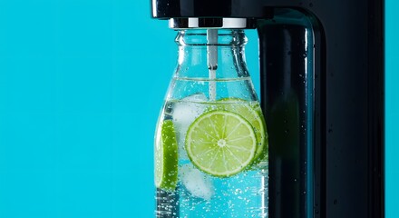 A soda maker with sparkling water and lime slices, solid aqua blue background