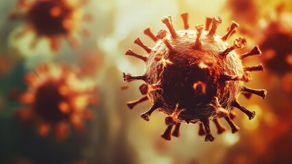A close-up of a virus particle with spike proteins against a blurred background, showing the detailed structure of the pathogen in a scientific illustration.