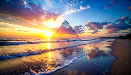 Dramatic sunset over a beach with a triangular graphic