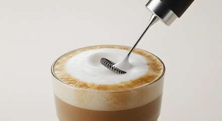 A milk frother with creamy cappuccino foam, solid ivory white background