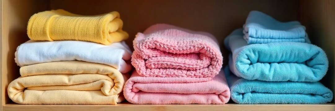 Freshly laundered and folded clothes neatly stacked on a shelf, ready for the week ahead A concept of organized, clean laundry and effortless grooming , grooming, serenity, washed