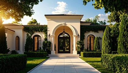 Obraz premium A close-up of a luxurious house facade with an entrance, beautiful garden, and trees. A concept of wealthy living and real estate