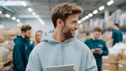 Young manager in hoodie smiling while holding tablet and turning to look away. View of smiling man holding tablet in warehouse with colleagues in background. - Powered by Adobe