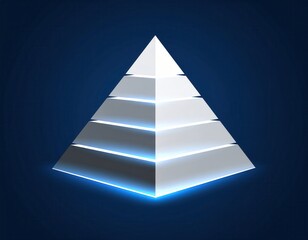 An image of a white pyramid with five levels, glowing with blue light, against a dark background with bokeh. A concept for business, hierarchy, and success