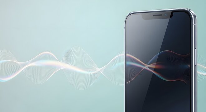 Modern smartphone mockup with abstract waveform background for technology presentation
