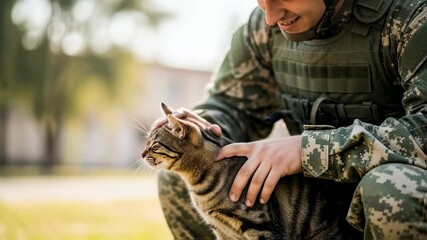 Soldier petting a tabby cat outdoors, showing kindness and companionship, a heartwarming moment on the battlefield footage.