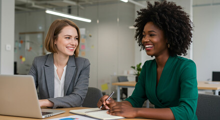 Two smiling businesswomen with a laptop and a notebook in an office setting. One Caucasian, the other Black. Generative IA