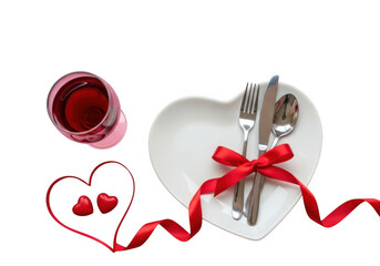 Romantic valentines day dinner setting with heartshaped plate, red ribbon, wine glass, and cutlery, isolated on transparent background