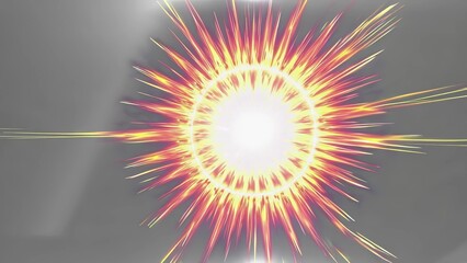 A brightly glowing circle with sharp, radiating lines in red, yellow, and white colors against a gray background, possibly representing an explosion or an energy burst.