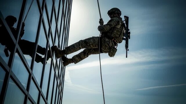 Military man rappelling down modern glass building during special operation training footage.