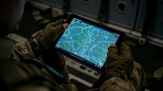 Soldier in a military uniform using a digital tablet with a map, planning tactical operations for combat. Military navigation footage.