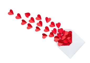 A white envelope with many small red paper hearts flying out of it, isolated on transparent background
