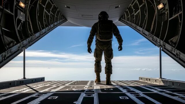 Soldier on the ramp of a military aircraft preparing to skydive out into the open sky and clouds. Military operations concept footage.