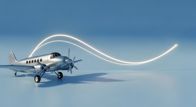 Silver airplane flying with glowing light trails against blue background
