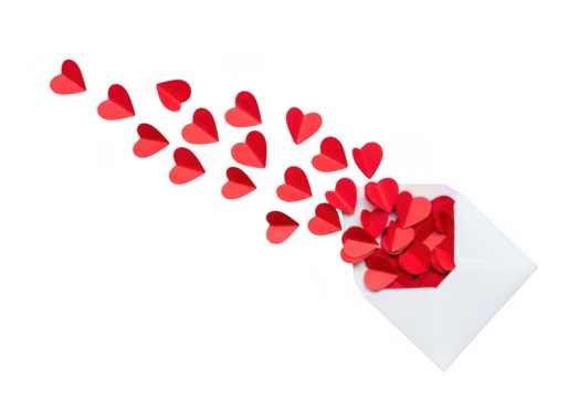 A white envelope with many small red paper hearts flying out of it, isolated on transparent background