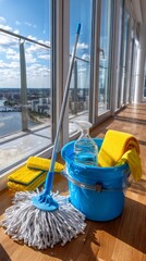 Cleaning supplies arranged in a bright apartment with a view on a sunny day