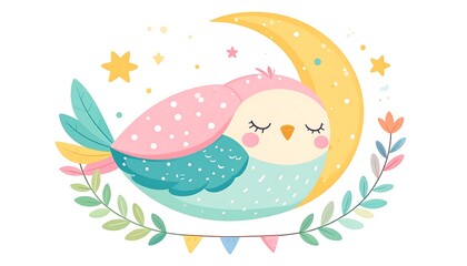 Cute bird sleeping under a crescent moon