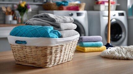 Laundry room with clean towels organized in a basket on the table during a bright, sunny day