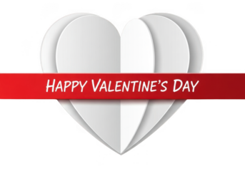 White paper heart with red ribbon and happy valentines day text, isolated on transparent background