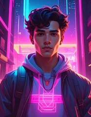 Portrait of a young man in neon-lit city