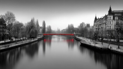 A tranquil cityscape panorama showcases a red bridge spanning a calm river, reflecting the urban architecture in the still water, creating a serene monochrome view.