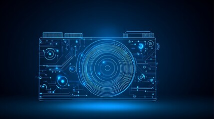 Digital Camera Circuit Board with Blue Neon Lights Futuristic Technology Concept