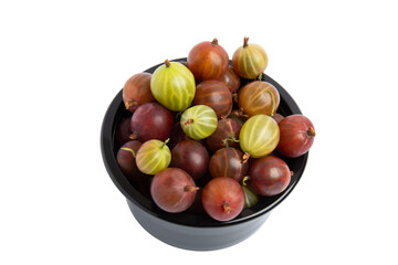 Gooseberries in black bowl, top view, PNG, isolated on transparent Background