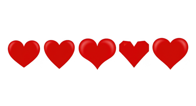Five red hearts in a row, isolated on transparent background, symbolizing love and affection