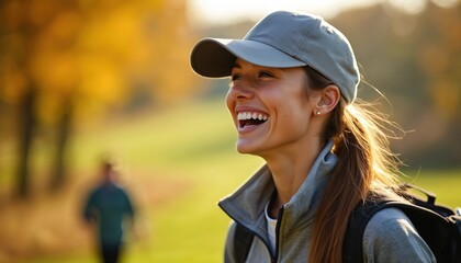 Female golfer laughs heartily with companion on sunny golf course. Casual attire, relaxed atmosphere. Focus on joy, camaraderie, outdoor recreation. Captures fun interactions, friendly nature of