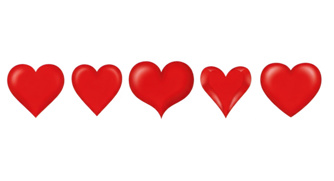 Five red hearts with different shapes isolated on transparent background, symbolizing love and romance