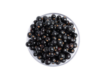 Blackcurrant berries in a bowl, top view, PNG, isolated on transparent Background
