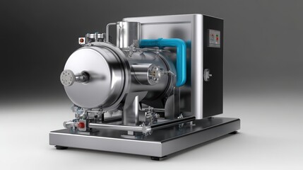 Fototapeta premium A sleek, modern industrial machine with a polished metallic surface and blue piping, designed for efficient processing or manufacturing tasks.