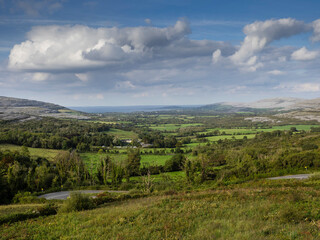 Obraz premium Landscape scene with green fields, hills, ocean and blue sky. Burren area, county Galway, Ireland. Warm sunny day. Rural Irish scenery in unique location. Travel and tourism.
