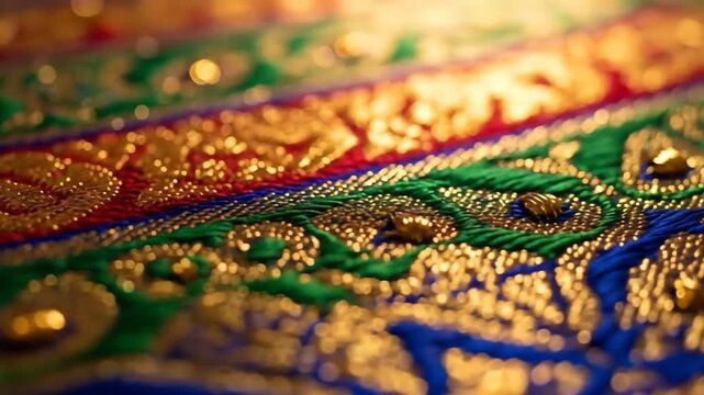Gold embroidered brocade fabric macro close up with vivid jewel tone details.