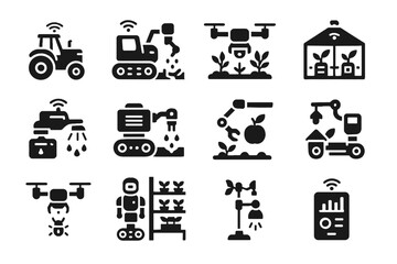 Automated icons agriculture planting yield weather prediction analysis robotic icon vertical vector