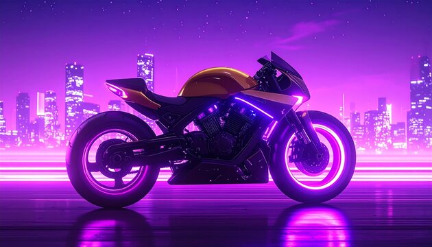 Futuristic motorcycle with neon lights cruising through a cityscape at night