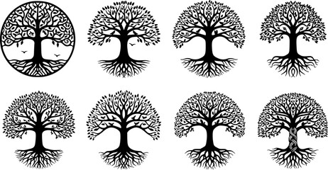 Tree of Life Inside Circle – Laser Cutting Template, Tree Silhouette Vector for Craft and Decoration